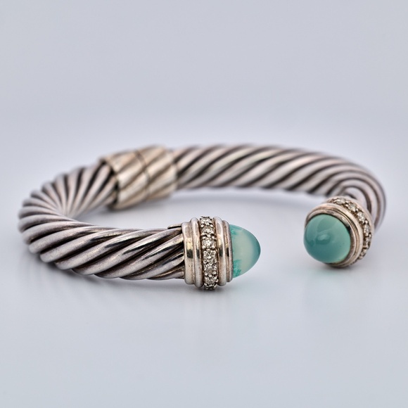 David Yurman Dyed Chalcedony & Diamond Cable Hinged Cuff Bracelet, Sterling Silv - Picture 7 of 12